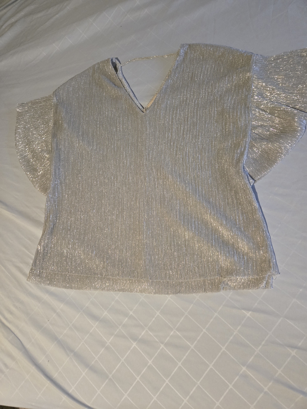 Silver Metallic V-Neck Flutter Sleeve Blouse